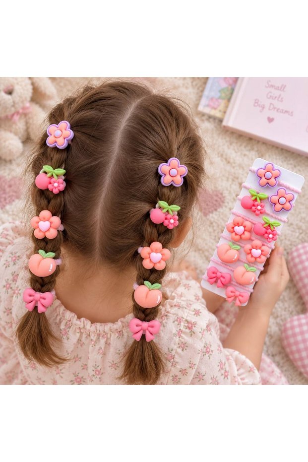 Colorful Hair Clip Set with Flower and Heart Figures, Children's Hair Ties, 10 Pieces - Pink