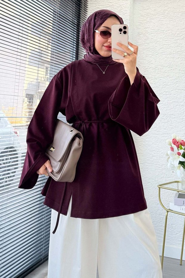 Premium Asymmetrical Cut Waist-Tie Blouse - Plum