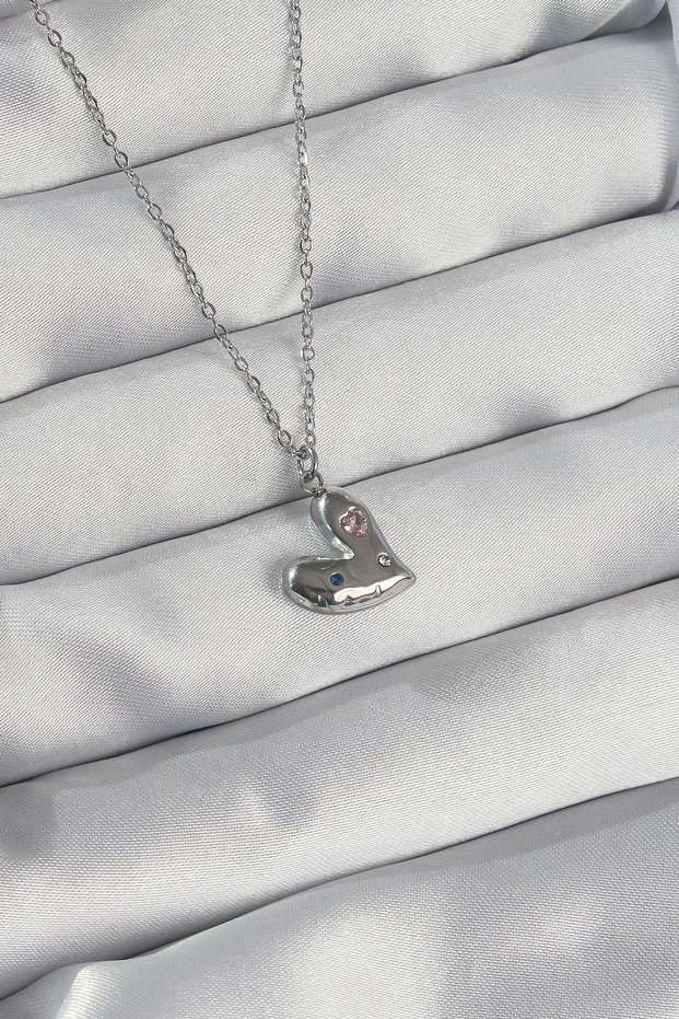 316L Steel Chain Silver Color Colorful Zircon Stone Heart Necklace Tj-Bko8906