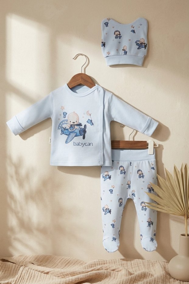 Skydream 100% Cotton 3-Piece Baby Set - Light Blue Pilot Teddy Bear Patterned Double-Breasted Top, Booties, Pants