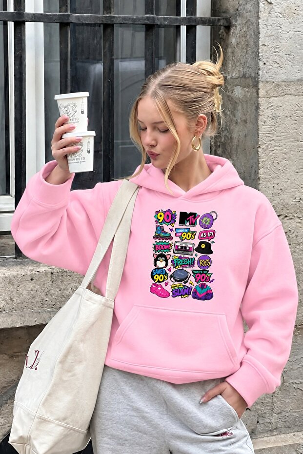Women's Oversize Hoodie Sweatshirt 90S Pop Patch Printed Pink – Hooded, Kangaroo Pocket, 3 Yarns