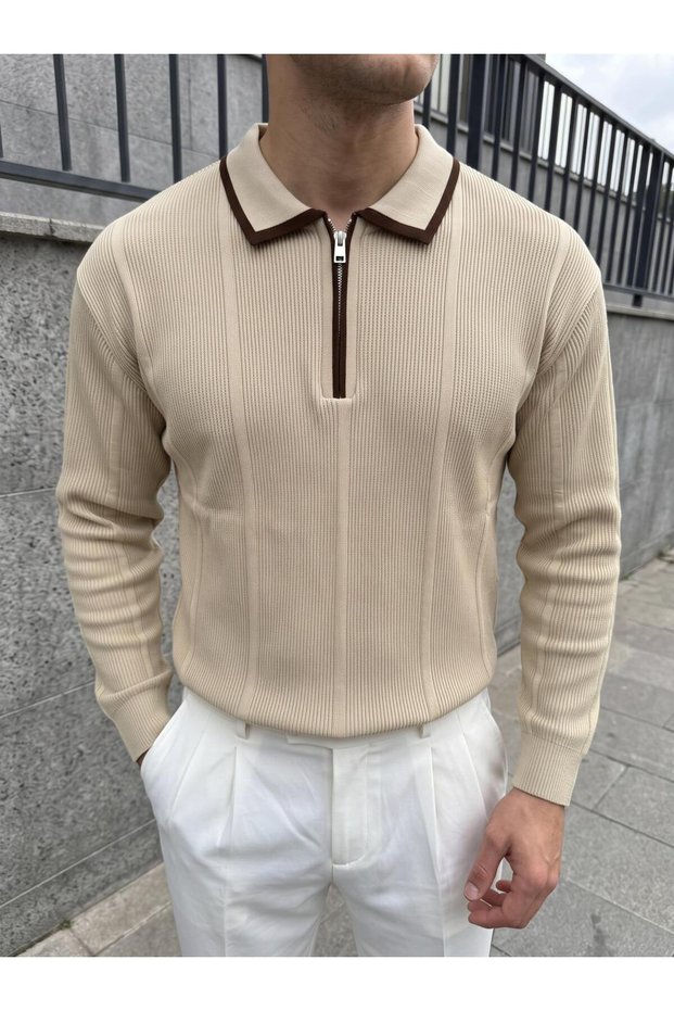 Men's Self-Zip Striped Knitwear Polo Collar Sweater with Collar Detail