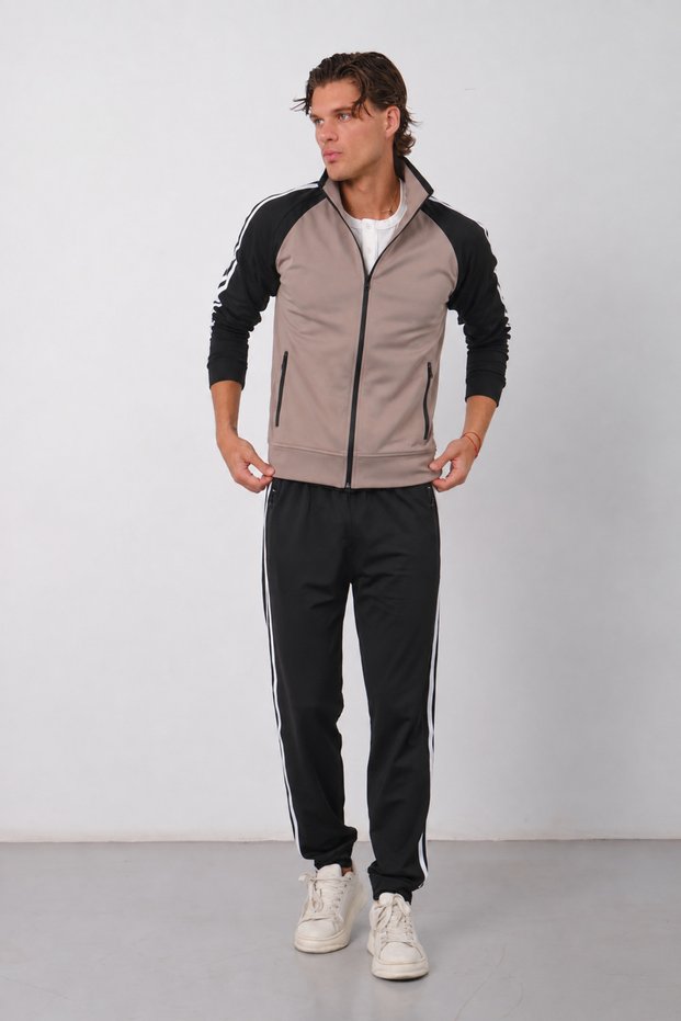 Men's Mink Diving Fabric Cotton Lined Winter Tracksuit Set with Stand-Up Collar and Zipper and Stripe Detail - E230