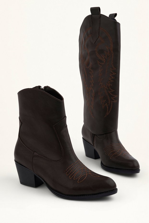 Rodeya Women's Bitter Brown Leather Dual-Use Embroidery Detailed Long and Short Cowboy Boots 5 cm Thick Heeled Western Boots Bootie Boots