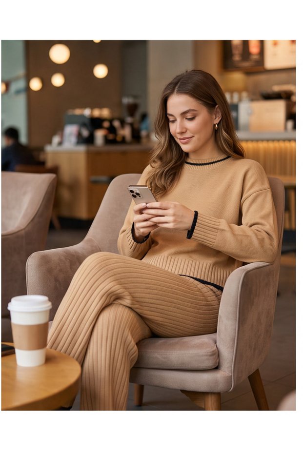 Women's Stripe Detailed Ribbed Knitwear Double Set Crew Neck Sweater and Wide Leg Pants Set