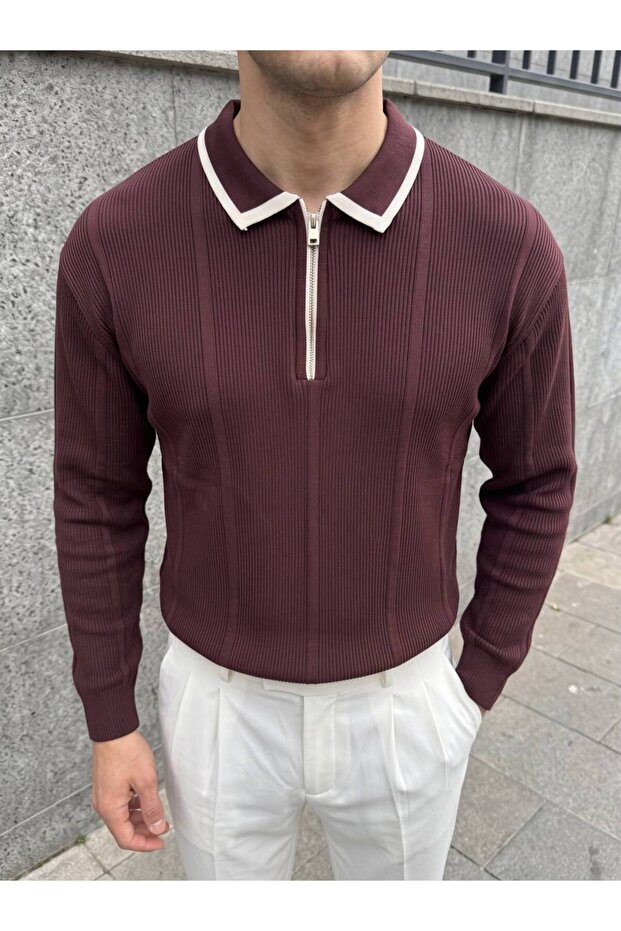 Men's Self-Zip Striped Knitwear Polo Collar Sweater with Collar Detail