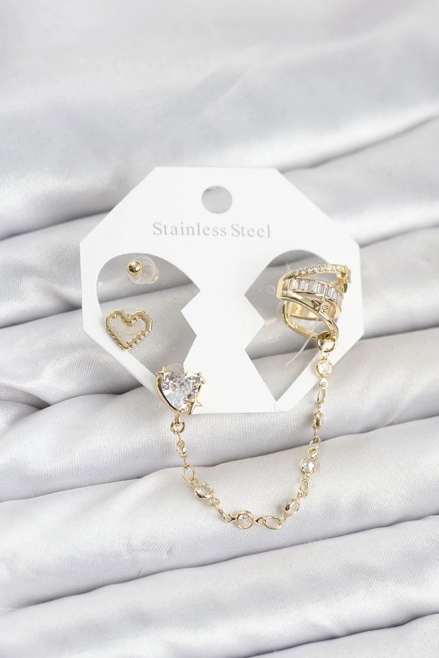 Brass Gold Color Heart Model Chain Linked Ear Cuff Earring Set Tj-Bkp11541