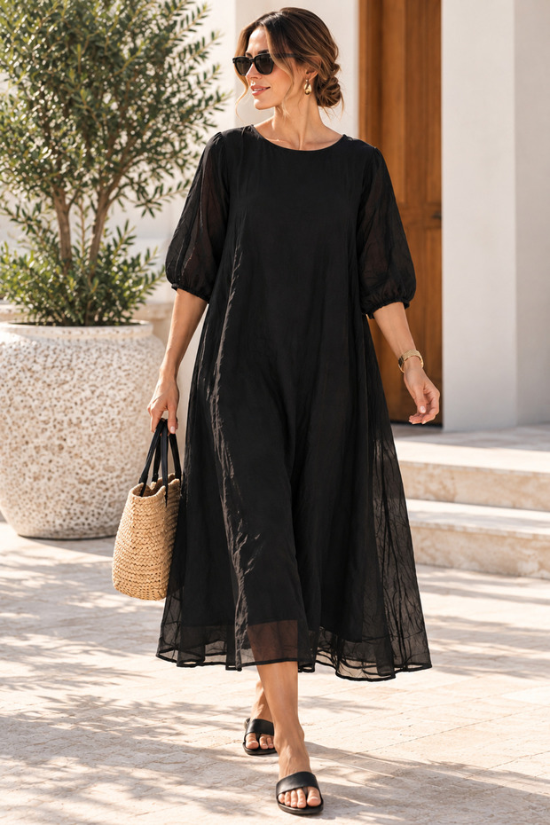 Women's Elbow Sleeve Black Lined Viscose Woven Plus Size Dress