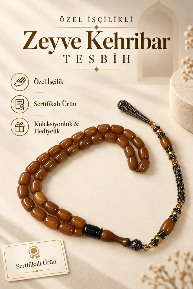 Specially Crafted Zeyve Amber Prayer Beads – Certified with Metal Tassel – Brown