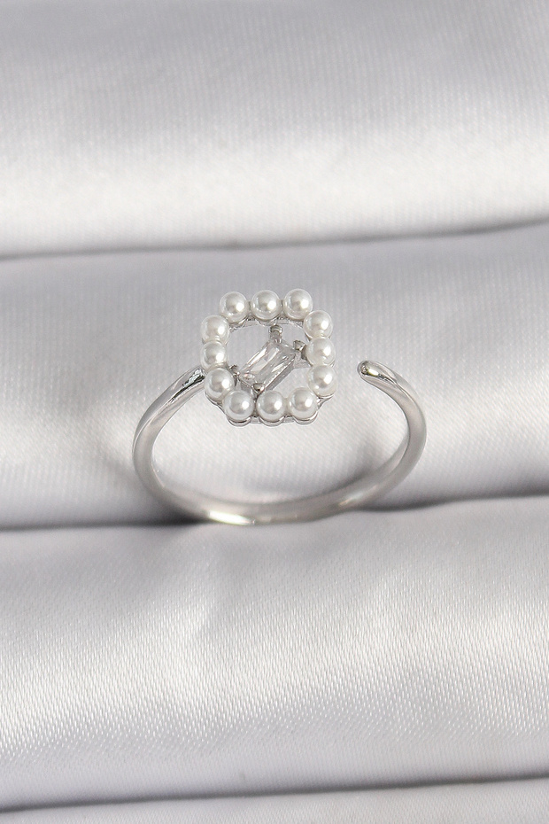 Brass Silver Color Zircon Stone Detailed Pearl Adjustable Ring Tj-Byk3542