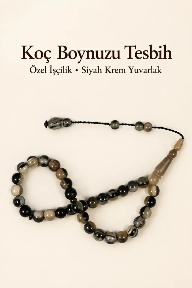 Specially Crafted Ram's Horn Prayer Beads – Black Cream Round