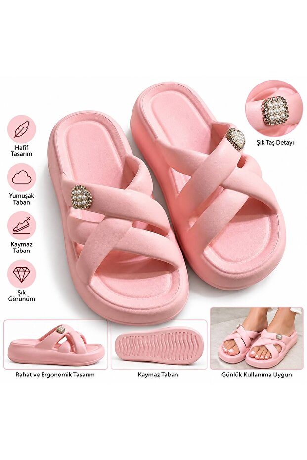 Women's Powder Pink Stone-Crossed Strap Stylish Daily Slippers