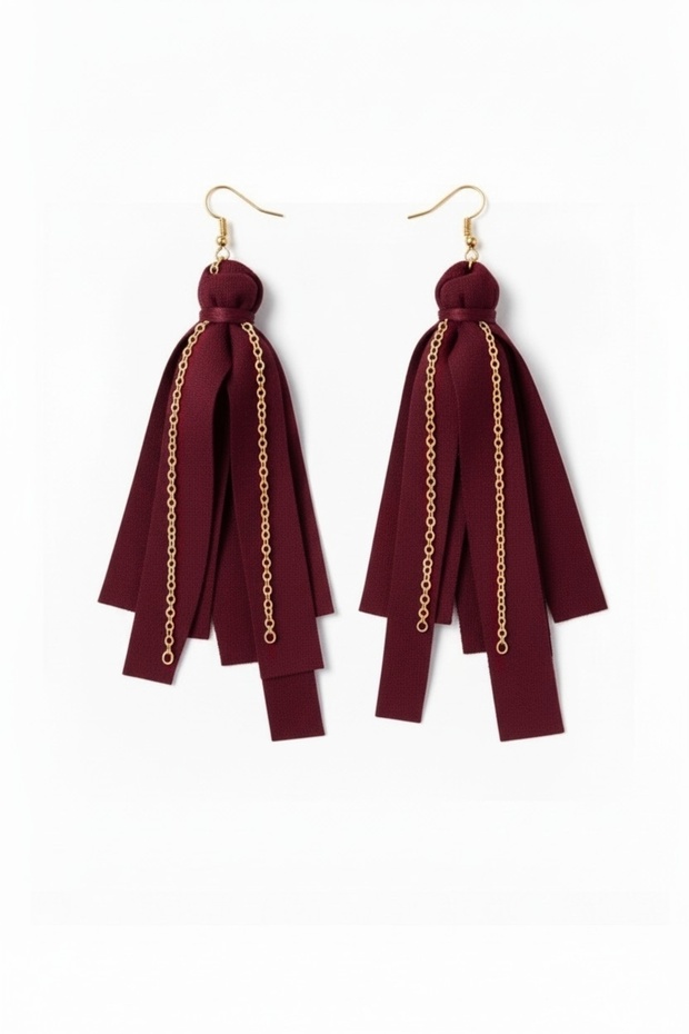 Gold Color Chain Earrings – Burgundy Color Tassel Design