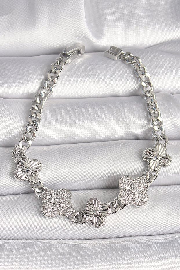 Brass Silver Color Chain Clover Model Women's Bracelet Tj-Bb6837