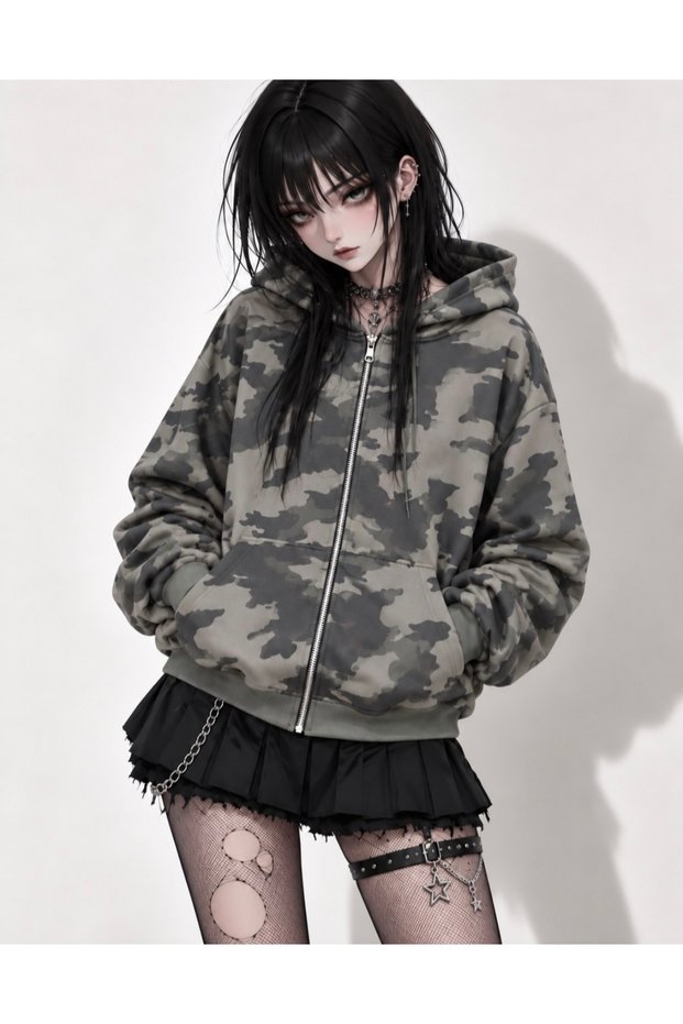 Camouflage Printed Zippered Hooded Sweatshirt