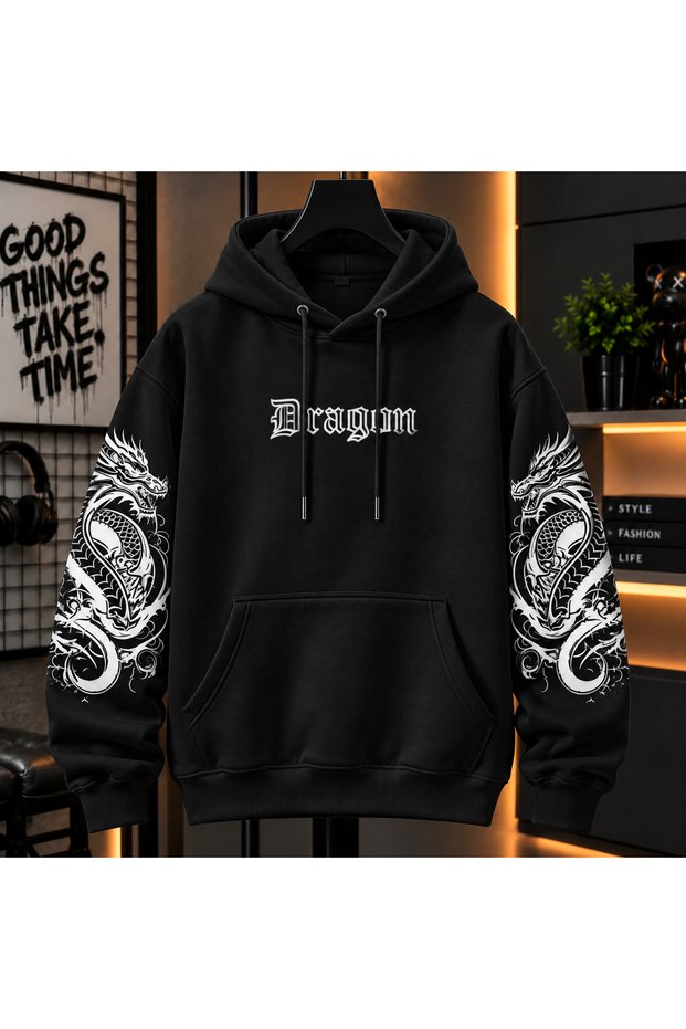 Oversize Dragon Printed Hooded Sweatshirt