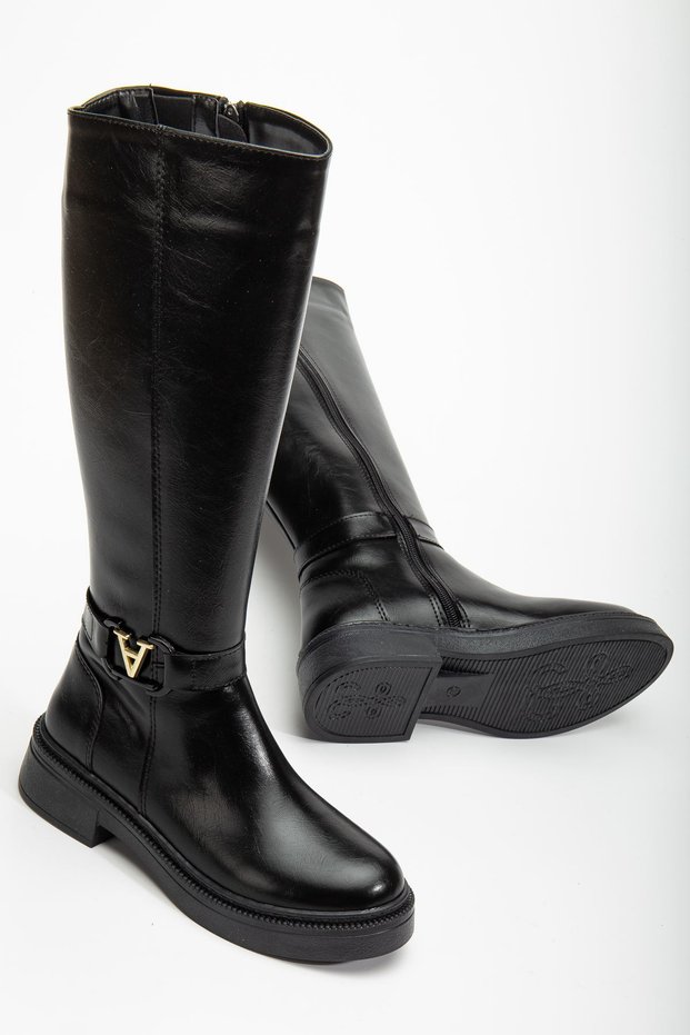 Vina Women's Black Shiny Leather Boots with Buckle Detail