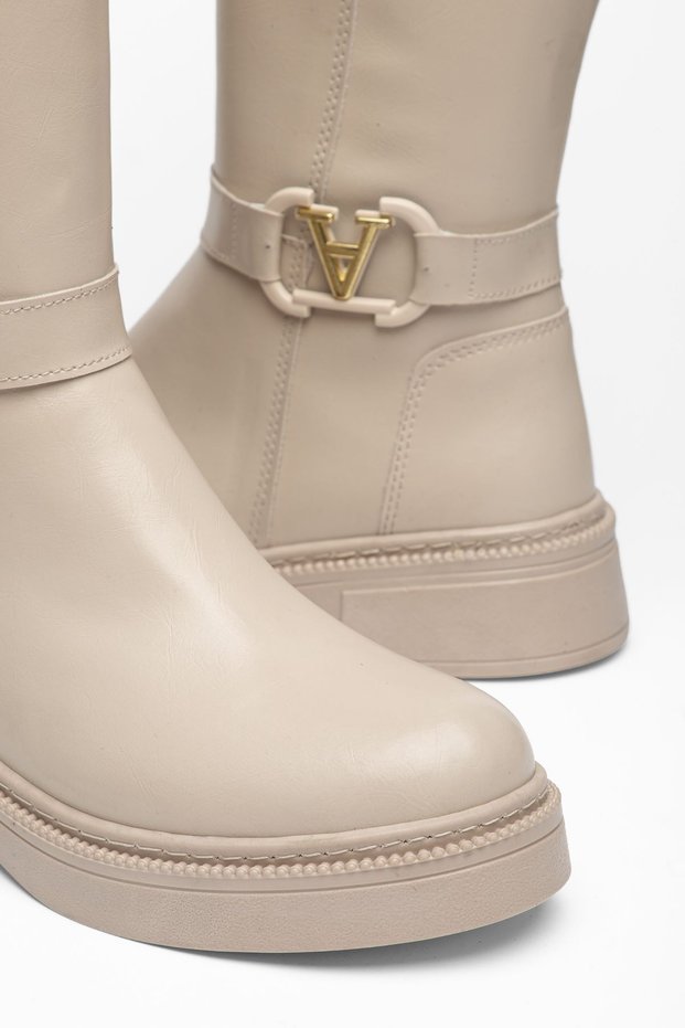 Vina Women's Beige Shiny Leather Boots with Buckle Detail