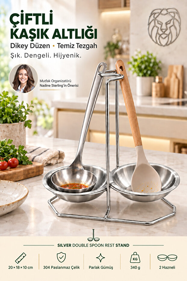 Silver Double Ladle Spoon Holder Vertical Countertop Spoon Holder Stand 18/10 304 Stainless Steel 723677
