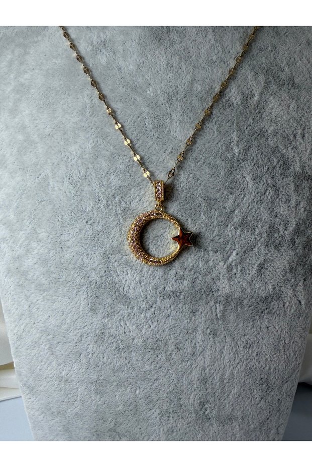Steel Necklace Moon Star Zircon Stone Model