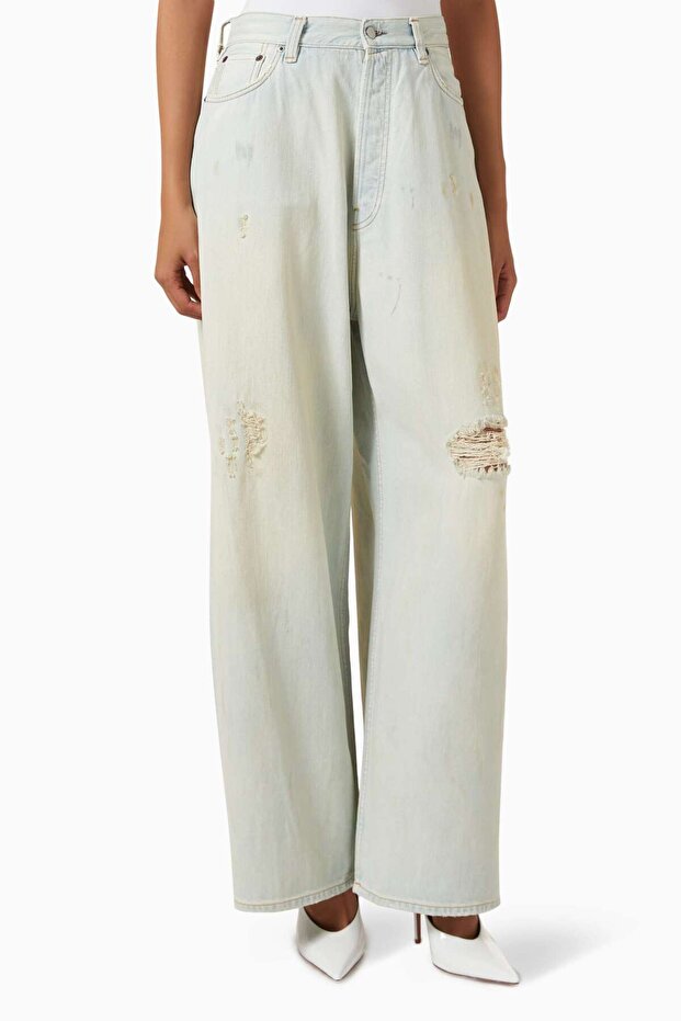 Light Blue Distressed Wide Leg Jeans - Denim Fabric Content