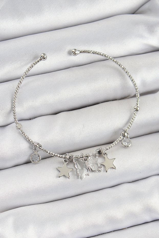 Brass Zircon Stone and Star Model Silver Color Charm Bracelet Tj-Bb7345