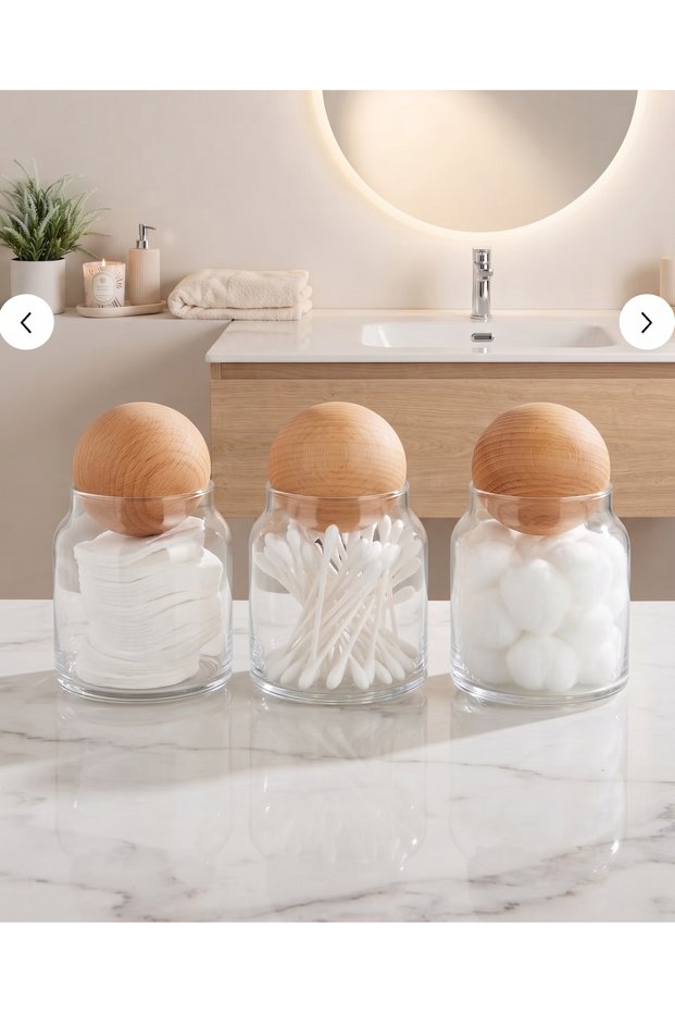 3-Piece Wooden Ball Lid Glass Bath Set Cotton Swabs & Cotton & Organizing Set