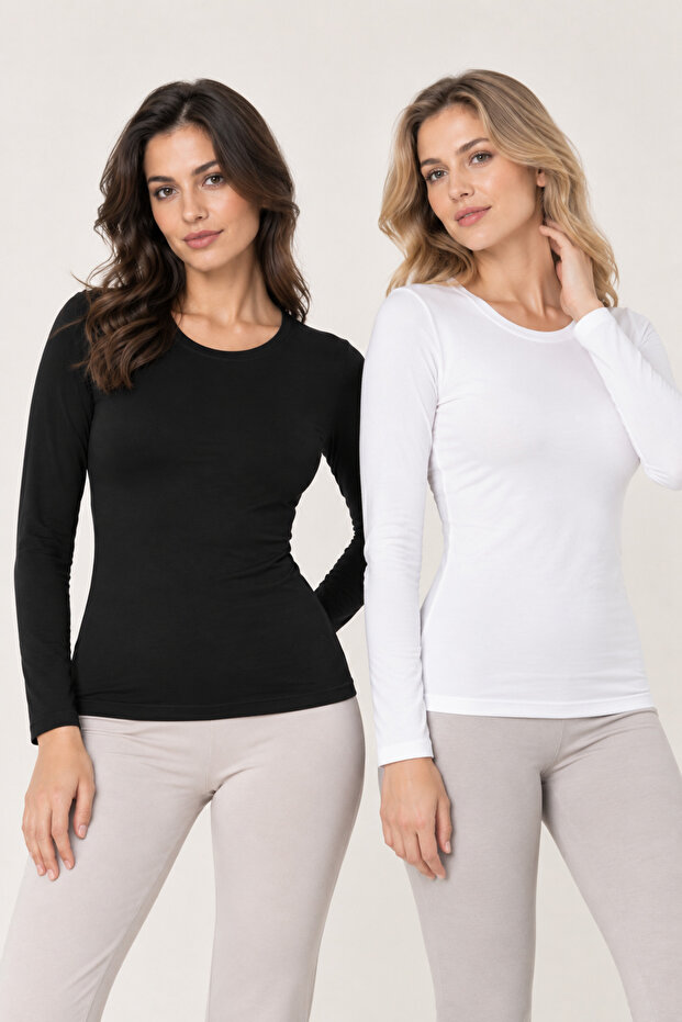 Women's 2-Piece Modal Cotton Crew Neck Long Sleeve Basic Undershirt Set Stretchy Casual Underwear