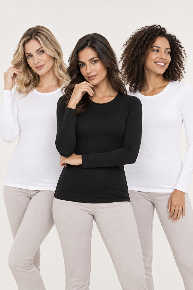 Women's 3-Piece Modal Cotton Crew Neck Long Sleeve Basic Undershirt Set Stretchy Casual Underwear