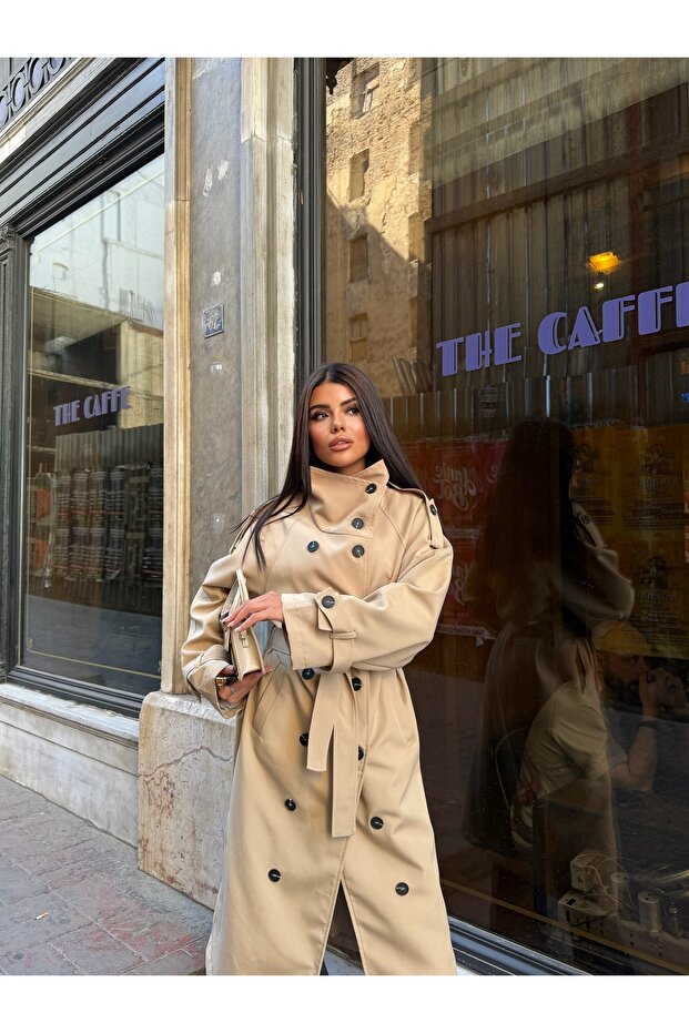Women's High-Neck Belted Long Trench Coat
