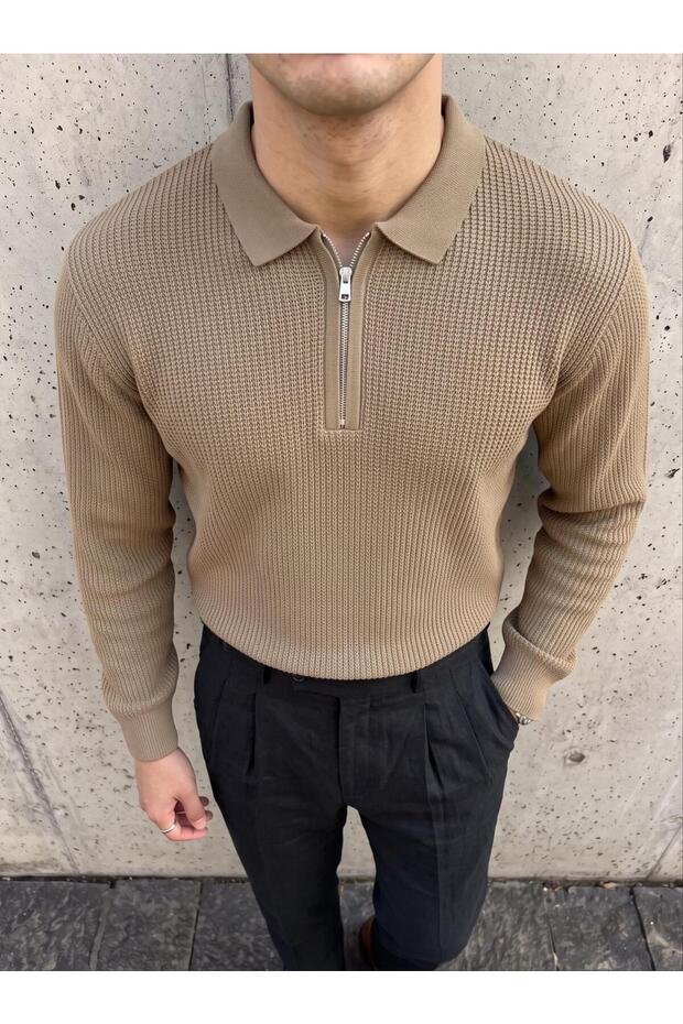 Men's Knitted Zippered Polo Collar Sweater