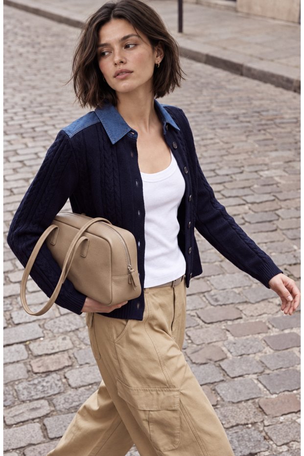 Navy Blue Denim Fabric Garnished Hair Knitwear Cardigan