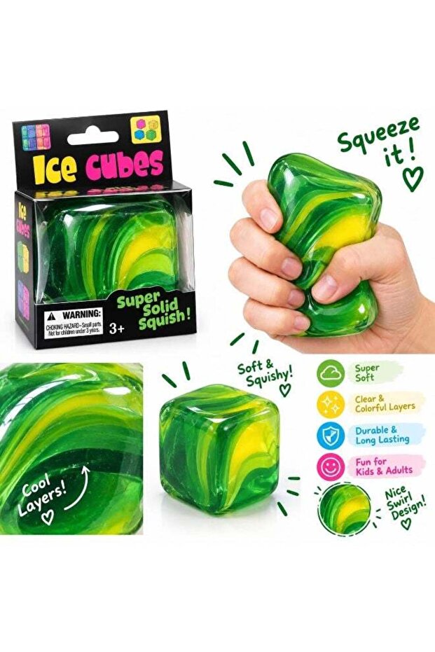 Super Solid Squishy Ice Cube Toy, Green Swirl Design