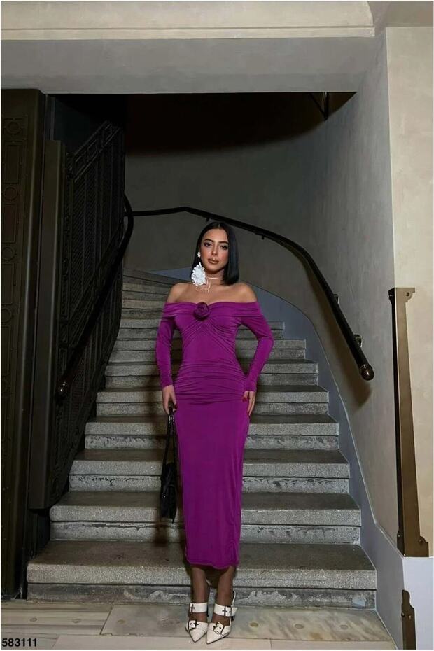 Kayık Abiye Elbise Collar Draped Midi Long Sleeve