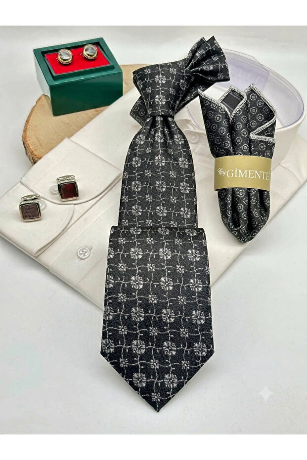 Black Patterned Classic Tie Set with Handkerchief