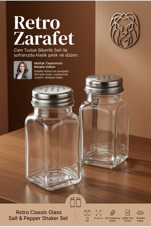 Retro Classic 304 Stainless Steel Glass Salt and Pepper Shaker Set with Lid 9X4 cm 2-Piece Spice Container 723681