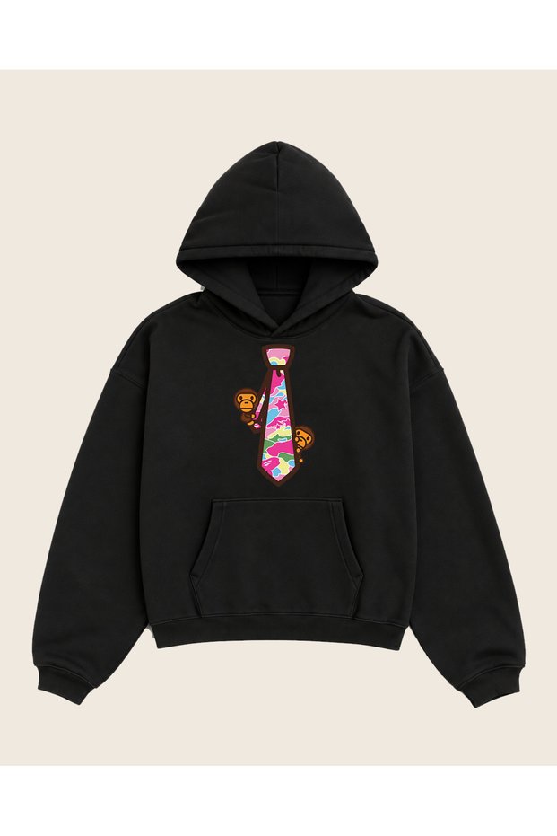 Bape Pink Tie Printed Oversize Hoodie 100% Cotton 3 Thread Threaded Unisex Hooded Sweatshirt