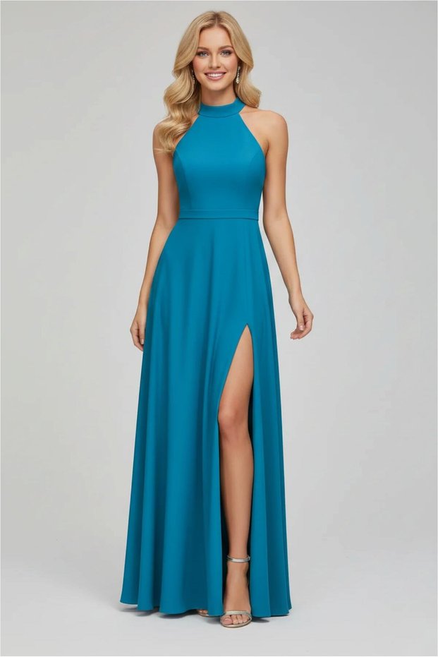 Women's Slit Maxi Open Evening Dress Shoulder Fabric Dress Length Crepe