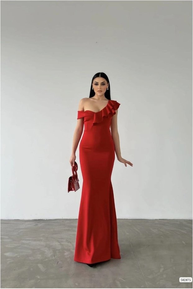 Scuba Kayık Evening Dress Flexible Fabric Dress with Collar and Flounces