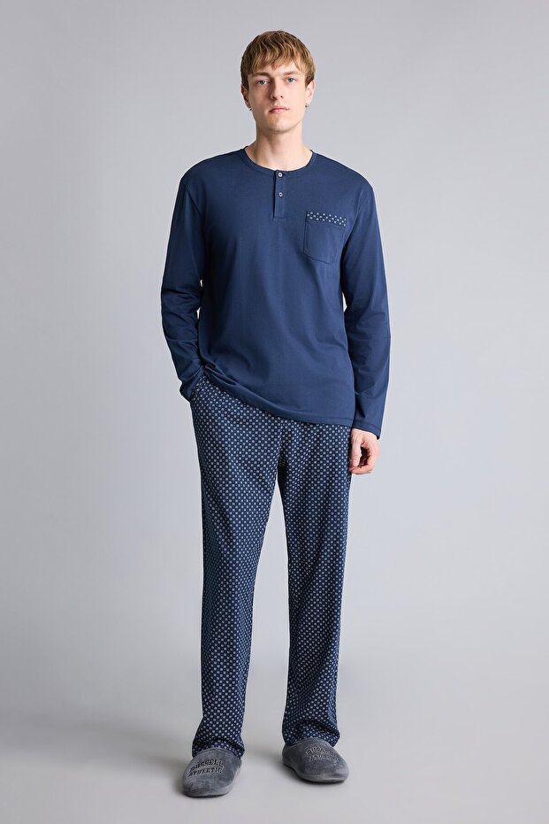 100% Cotton New Regular Fit Henley Collar Pocket Long Sleeve 2-Piece Pajama Set I2490Ax26Au