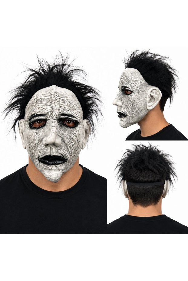 White Face Latex Horror Mask with Scattered Hair