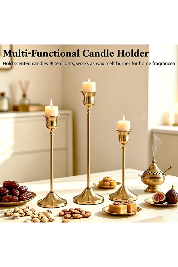 3-Piece Gold Candlestick Holder, Different Sizes for Wedding Centerpiece