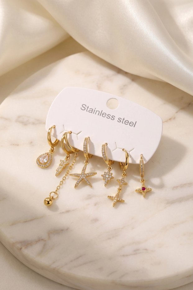 316L Steel Gold Color Star Detailed Women's Earring Set Tj-Bkp12076