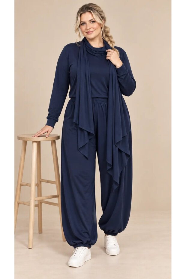 Women's Plus Size Oysho Fabric Navy Blue Shawl Blouse Elasticated Trousers Three-Piece Set Hzl26S-Zss19911