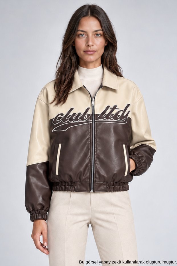 Women's Brown Double-Colored Oversize Faux Leather Jacket with Fur Inside