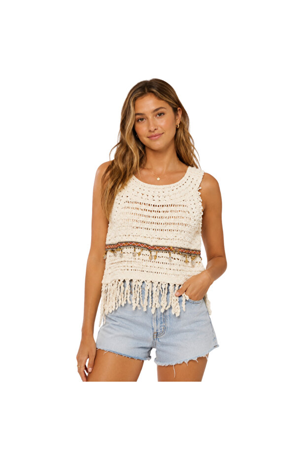 Women’s White Crochet Sleeveless Fringe Boho Top