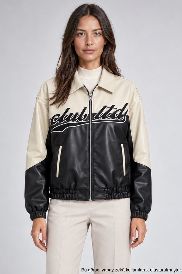 Women's Black Double-Colored Oversize Faux Leather Jacket with Fur Inside