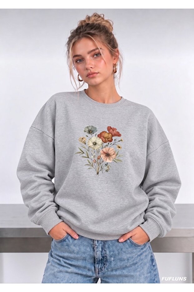 Flower Printed Oversized Women's Crewneck Sweatshirt