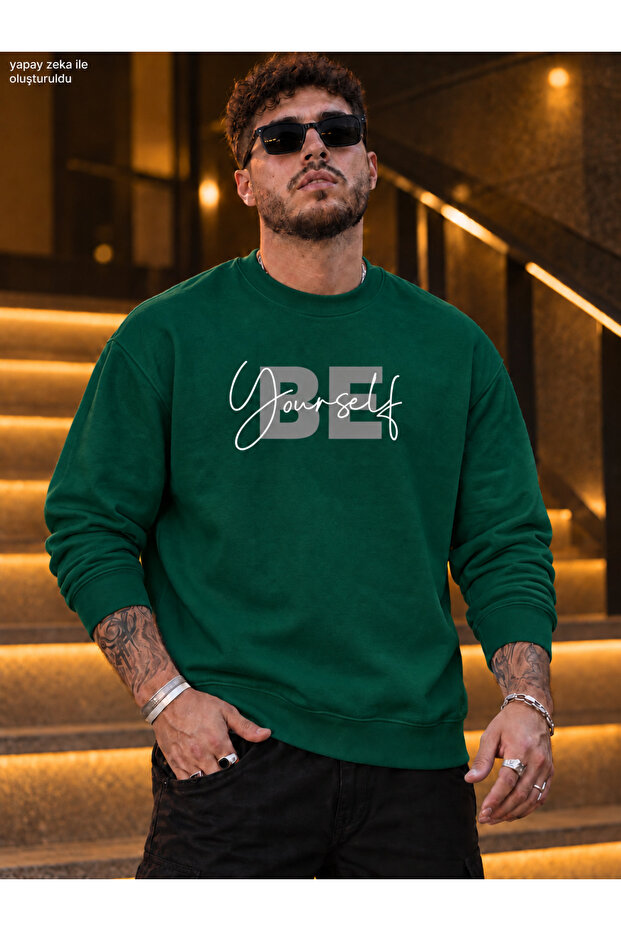 Men's Be Yourself Typography and Handwritten Printed Crew Neck Casual Regular Fit Sweatshirt