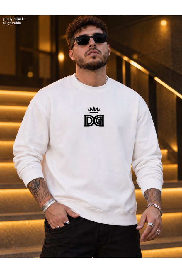 Men's T-Shirt with Crown Detail and Dg Letter Logo, Crew Neck Casual Regular Fit Sweatshirt